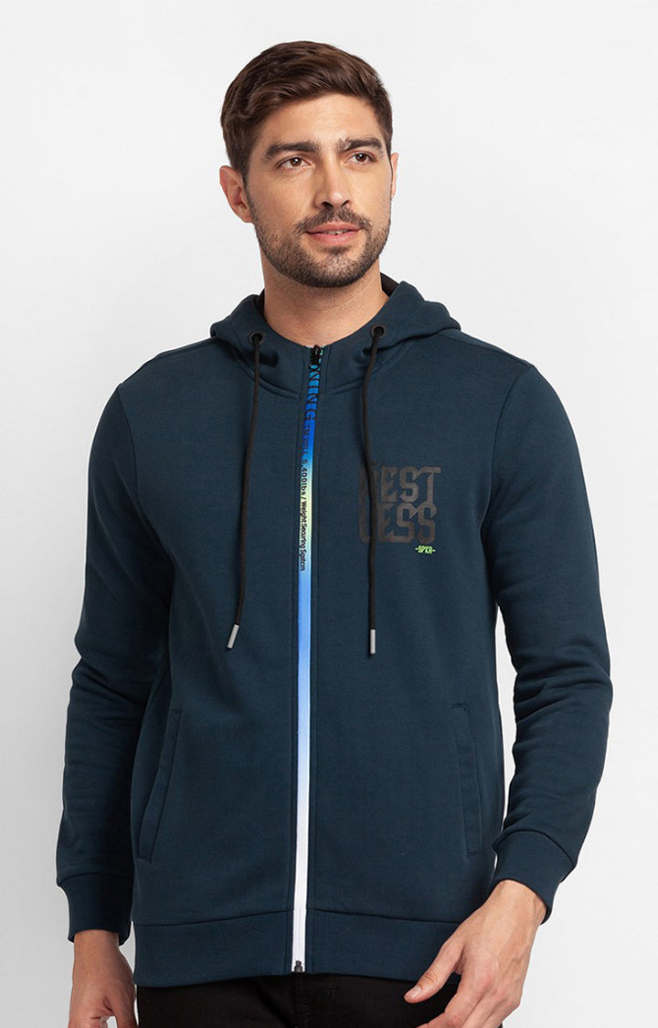 Spykar Teal Blue Cotton Full Sleeve Hooded Sweatshirt For Men