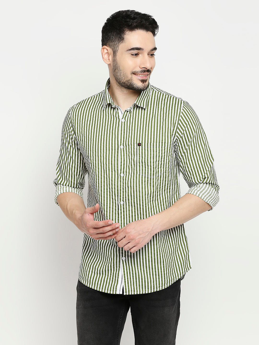 Spykar Cactus Green Cotton Full Sleeve Striped Shirt For Men