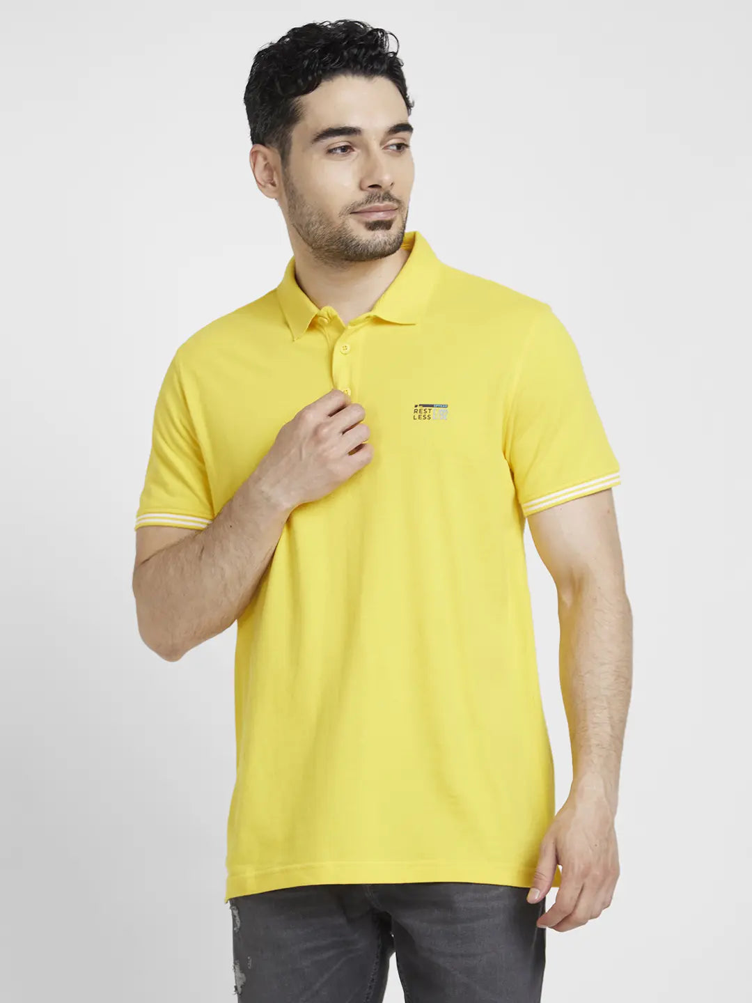 Spykar Men Yellow Cotton Slim Fit Plain Polo Tshirt