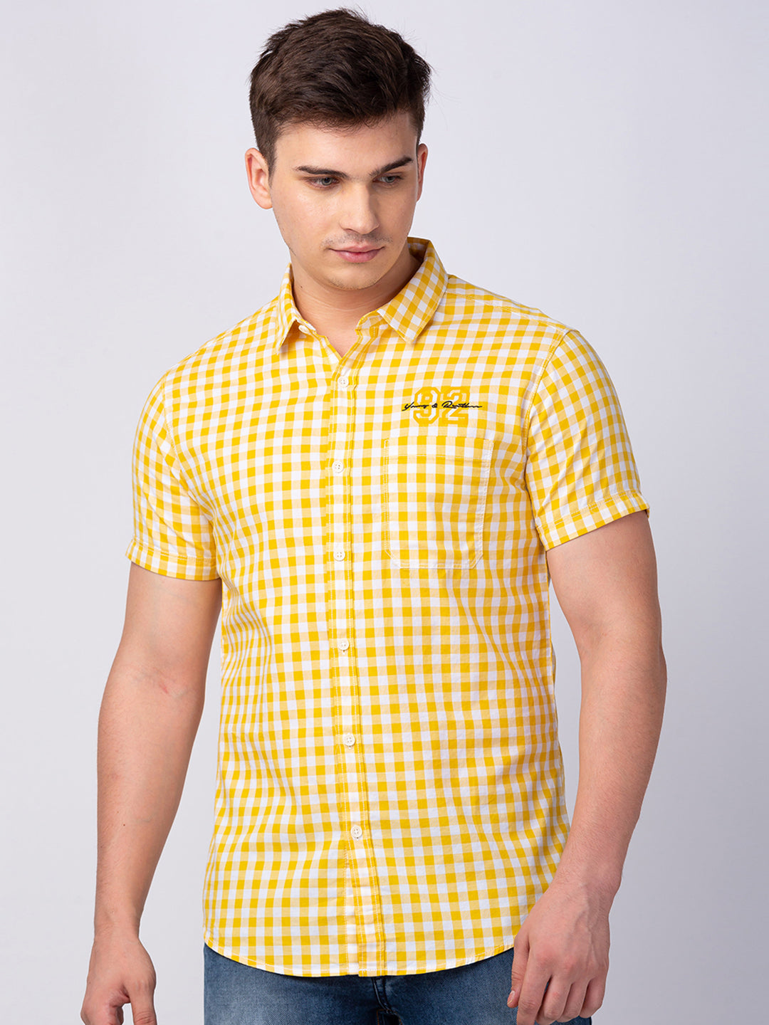 Spykar Men Yellow Cotton Slim Fit Checkered Shirt