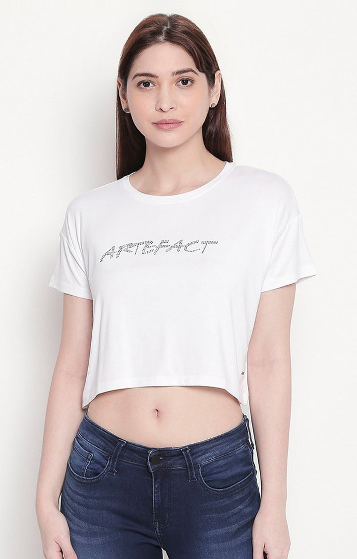 Spykar Women White Viscose Slim Fit Round Neck Crop T-Shirt