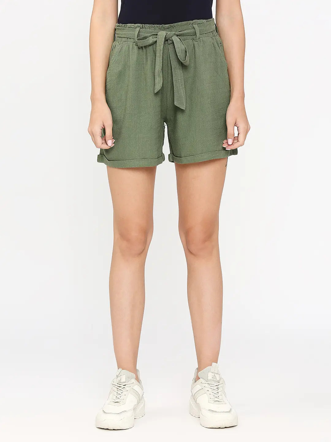 Spykar Women Olive Regular Fit Cotton Above Knee Length Cargo Shorts