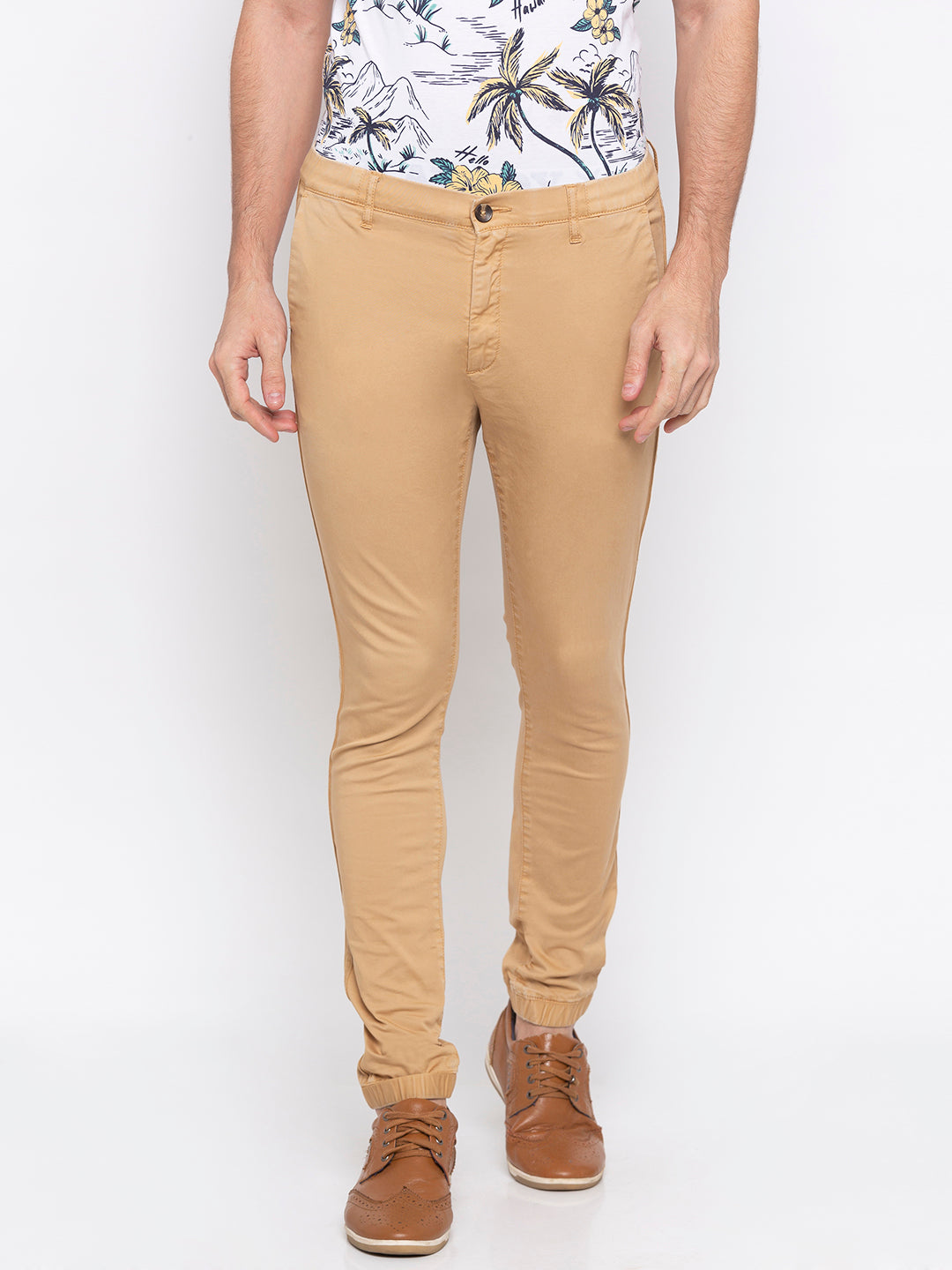 Spykar Men Yellow Cotton Slim Fit Casual Trousers