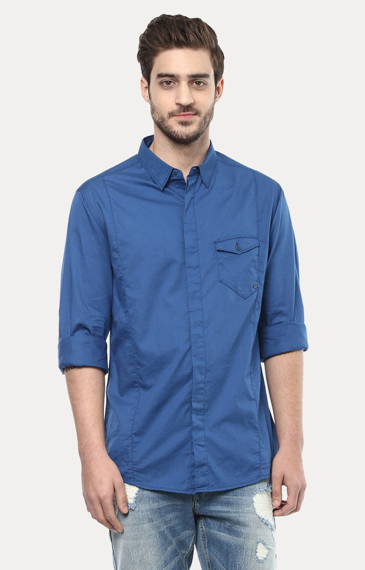 Spykar Men'S Blue Cotton Solid Casual Shirts