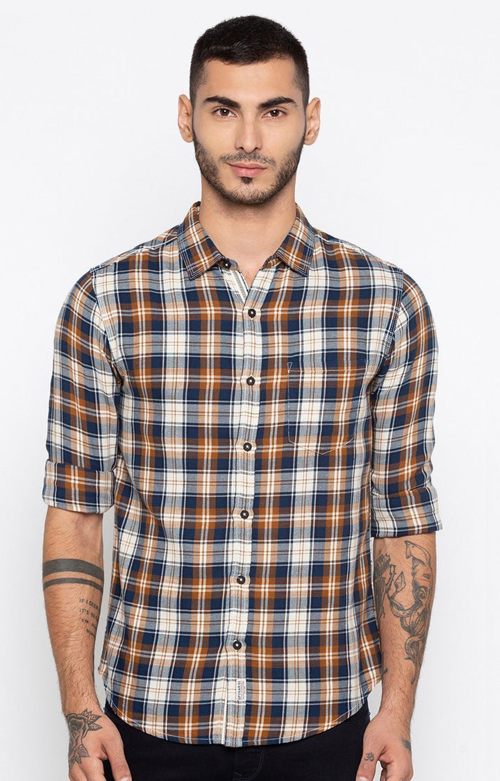 Spykar Men'S Brown Cotton Checked Casual Shirts