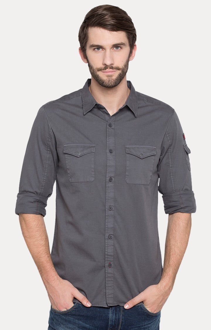 Spykar Men'S Grey Cotton Solid Casual Shirts