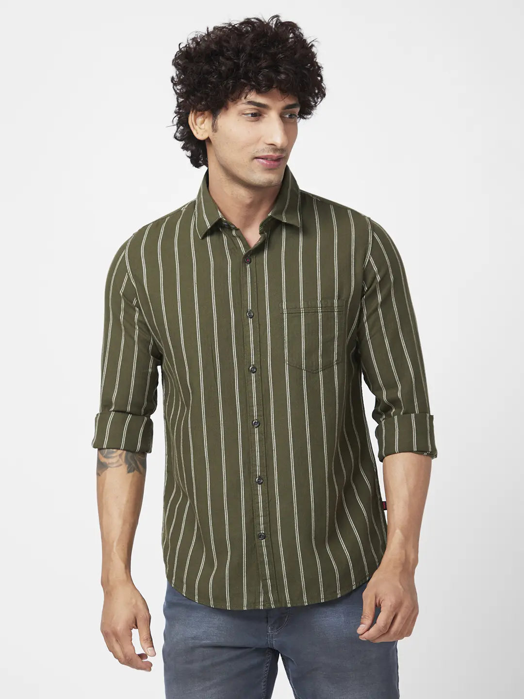 Spykar Men Rifle Green Cotton Regular Slim Fit Full Sleeve Casual Striped Shirt