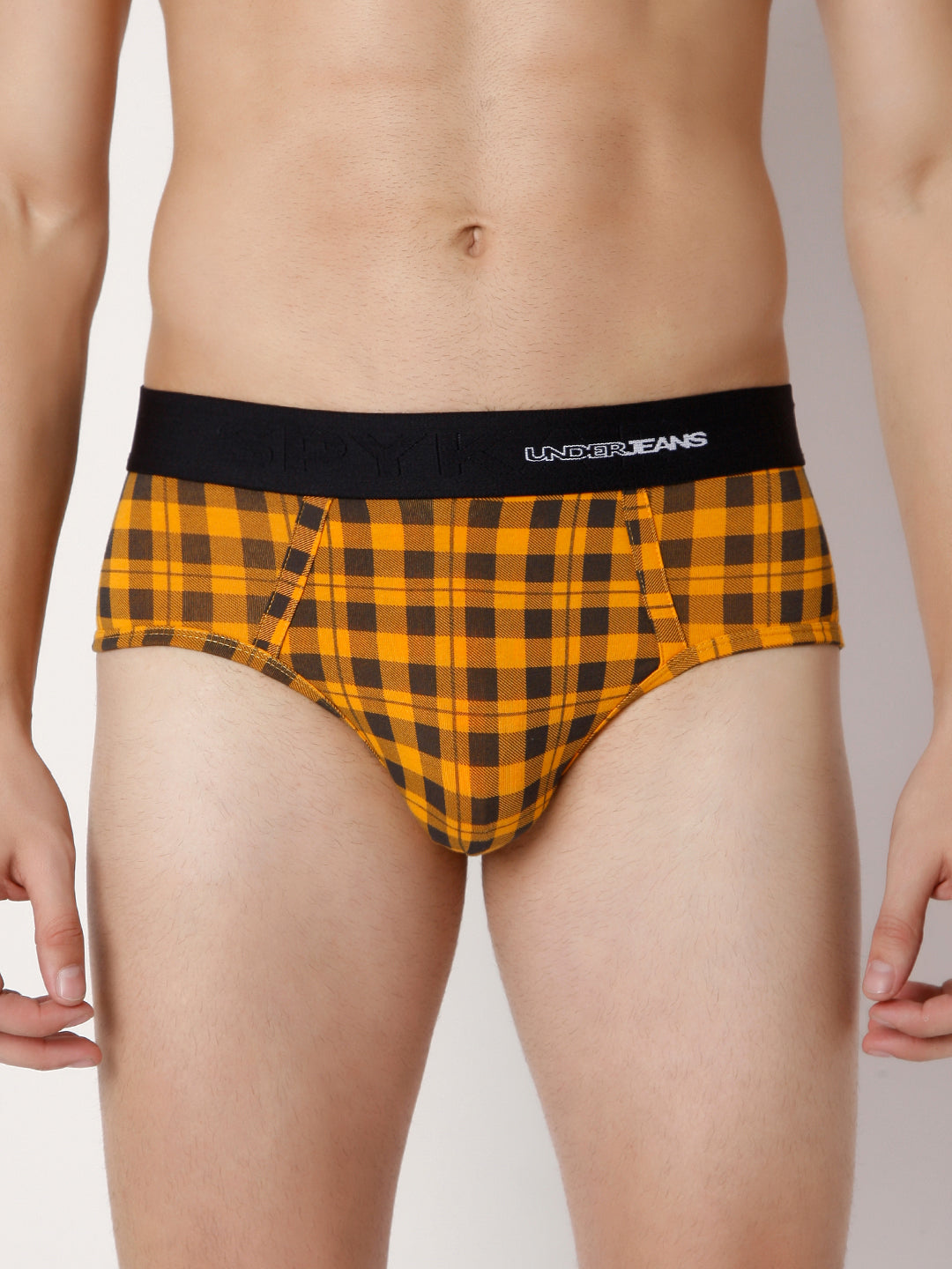 Men Premium Orange Check Cotton Blend Brief- Underjeans By Spykar