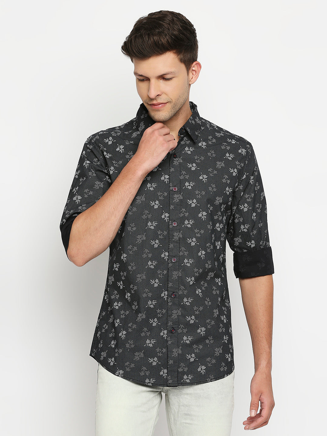 Spykar Men Grey Slim Fit Full Sleeve Floral Print Shirt