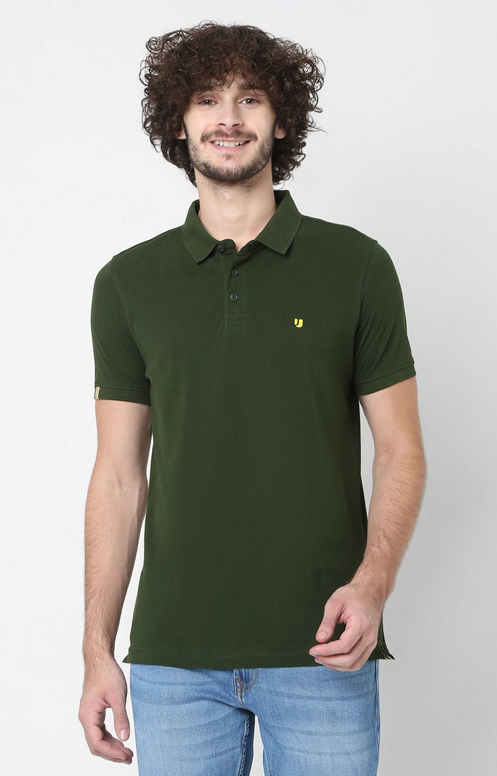 Men Premium Green Cotton Regular Fit Polo T-Shirt - Underjeans By Spykar