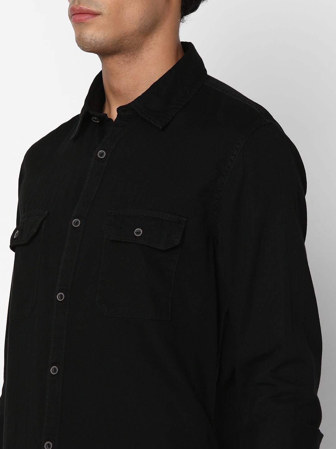 Spykar Men Black Cotton Slim Fit Denim Shirt