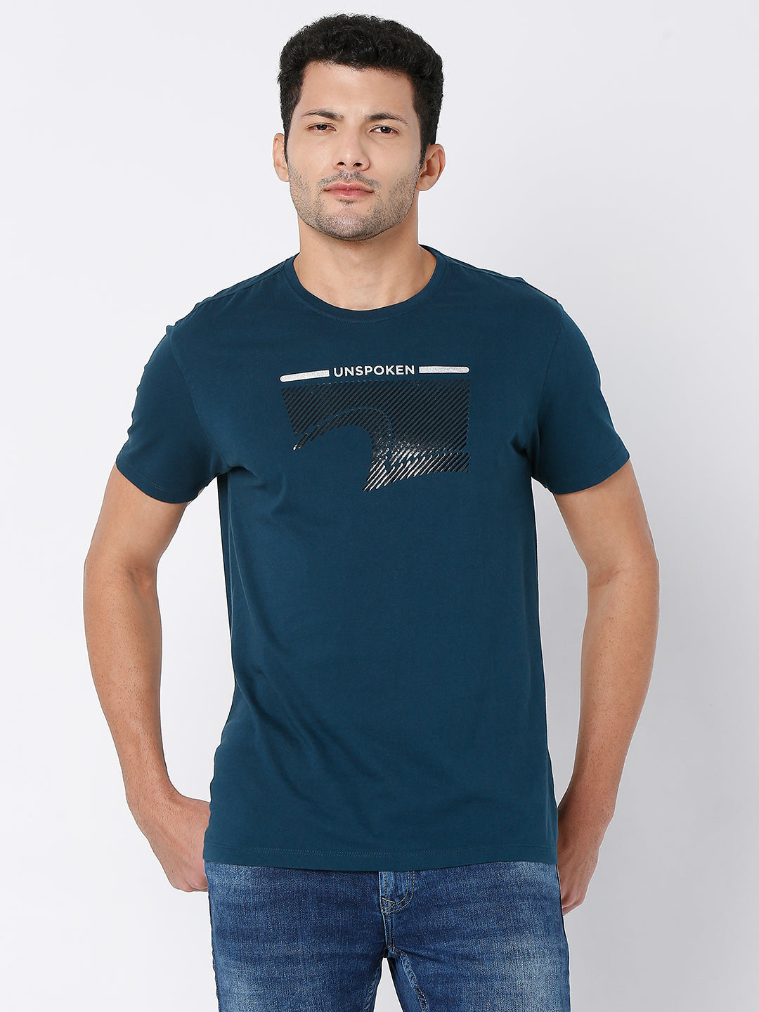 Spykar Teal Blue Cotton Half Sleeve Printed Casual T-Shirt For Men