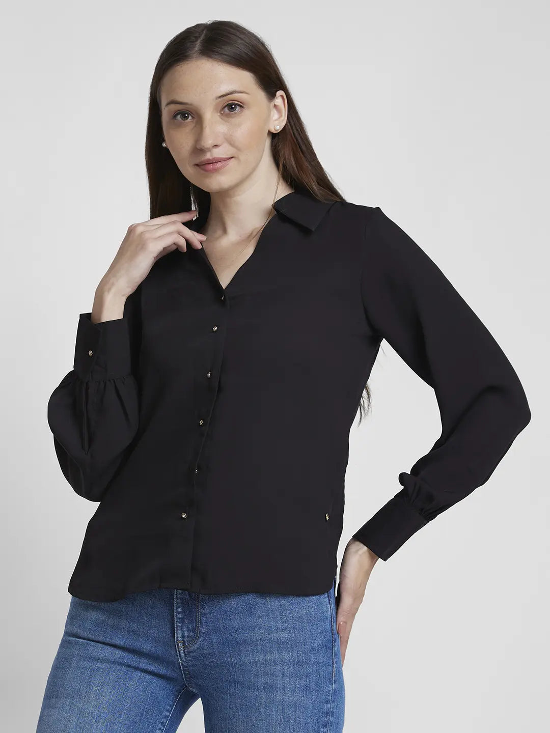 Spykar Women Black Polyester Regular Fit Full Sleeve Plain Shirt