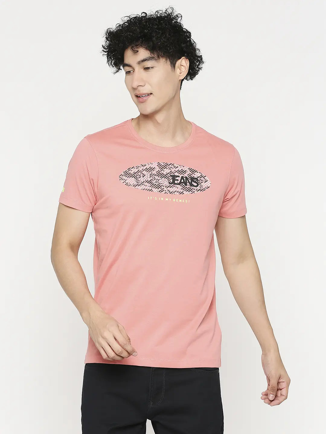 Men Premium Dusty Coral Cotton Half Sleeve Printed Tshirt- Underjeans By Spykar