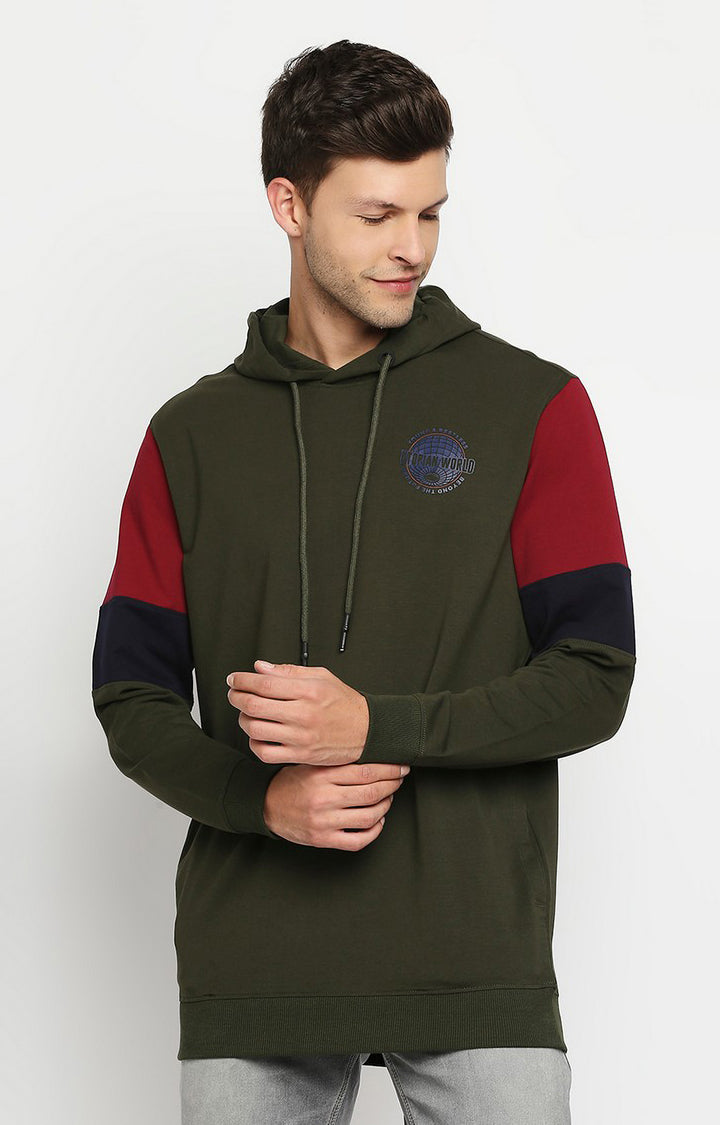 Spykar Men Green Blend Regular Fit Full Sleeve Hooded Sweatshirt