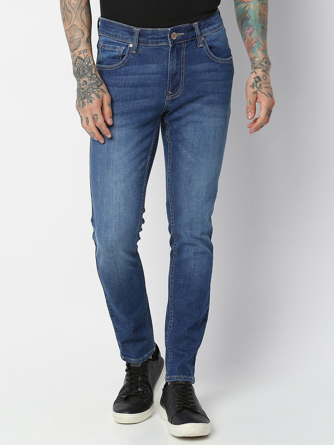 Spykar Men Mid Blue Cotton Super Slim Fit Tapered Length Jeans (Super Skinny)