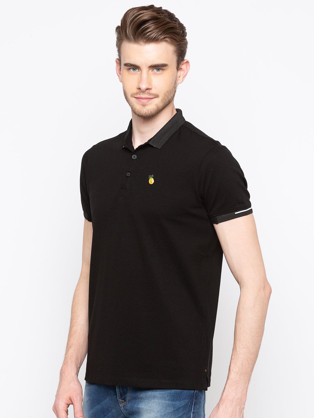 Spykar Men Black Cotton Slim Fit Polo T-Shirt