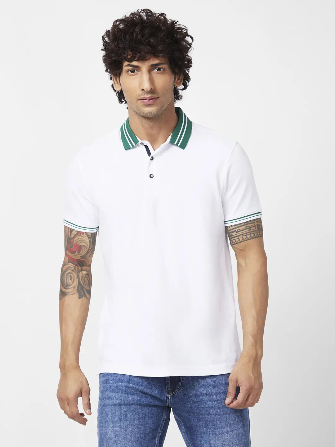 Spykar Men White Cotton Slim Fit Half Sleeve Polo Neck Plain Tshirt