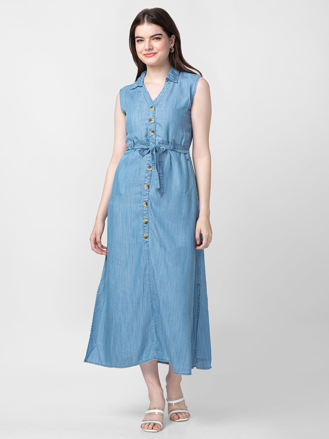 Spykar Women Indigo Blue Cotton Sleeveless Calf Length Denim Dress