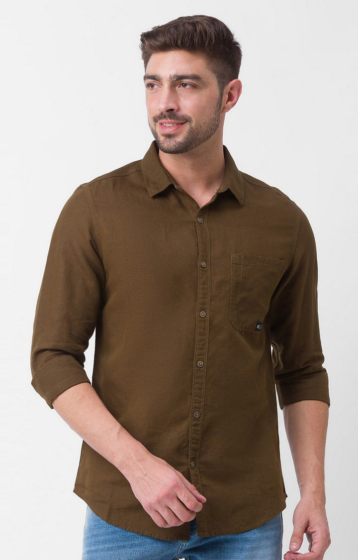 Spykar Military Green Cotton Full Sleeve Plain Shirt For Men