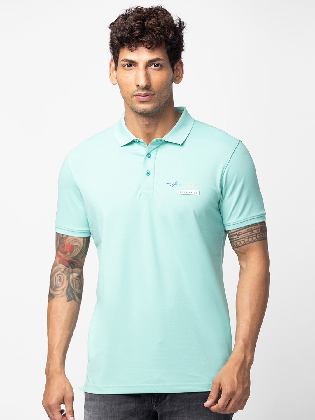 Spykar Men Ice Green Cotton Regular Fit Half Sleeve Plain Polo T-Shirt