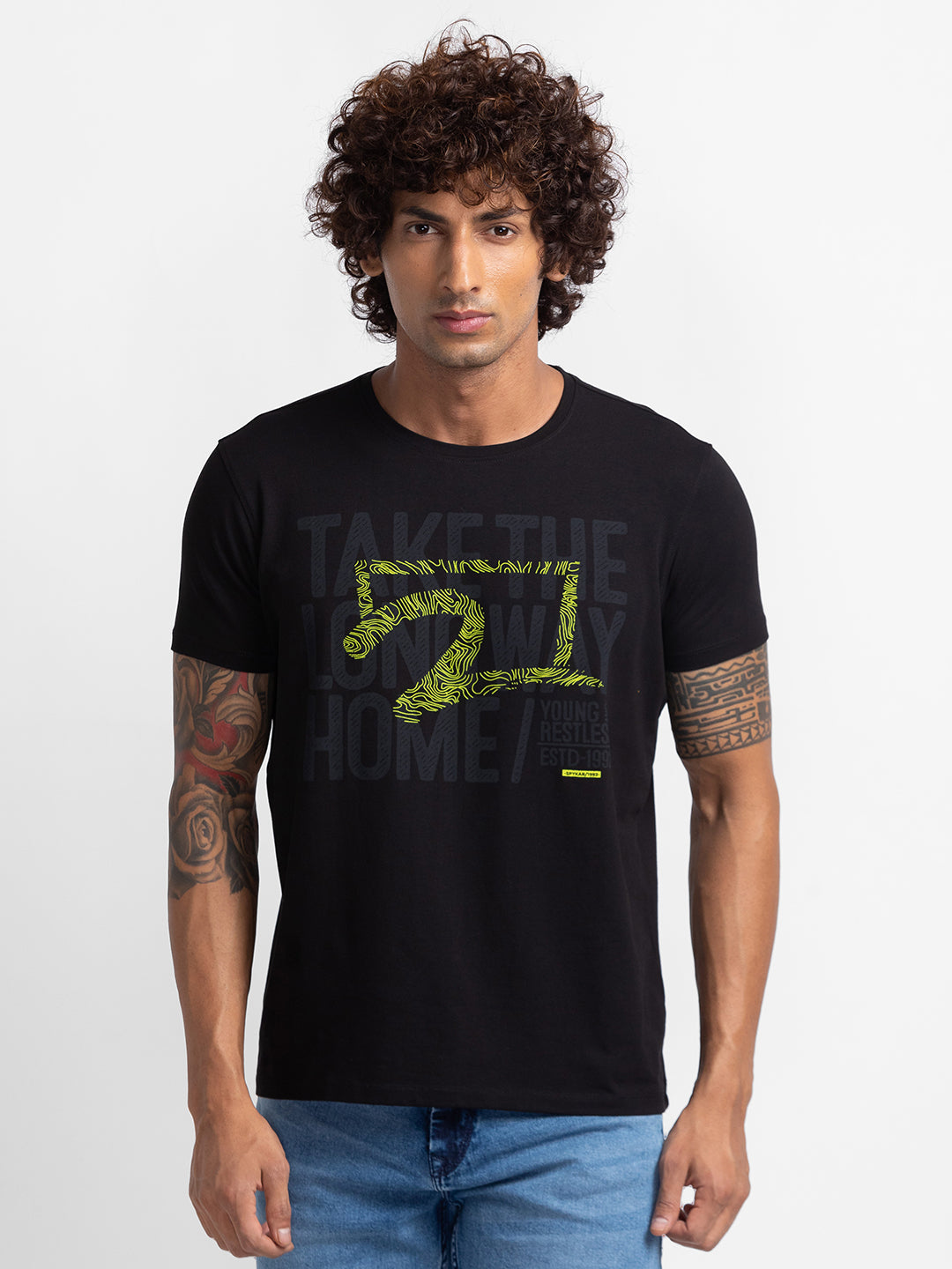 Spykar Black Cotton Half Sleeve Printed Casual T-Shirt For Men