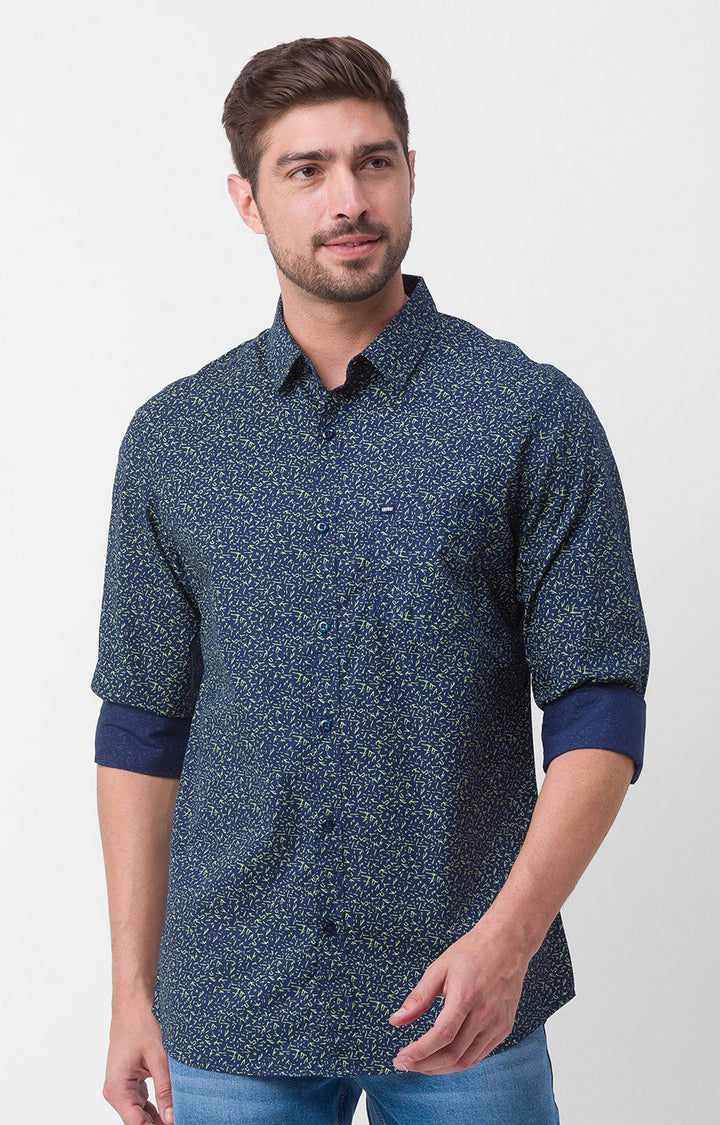 Spykar Navy Blue Cotton Full Sleeve Printed Shirt For Men