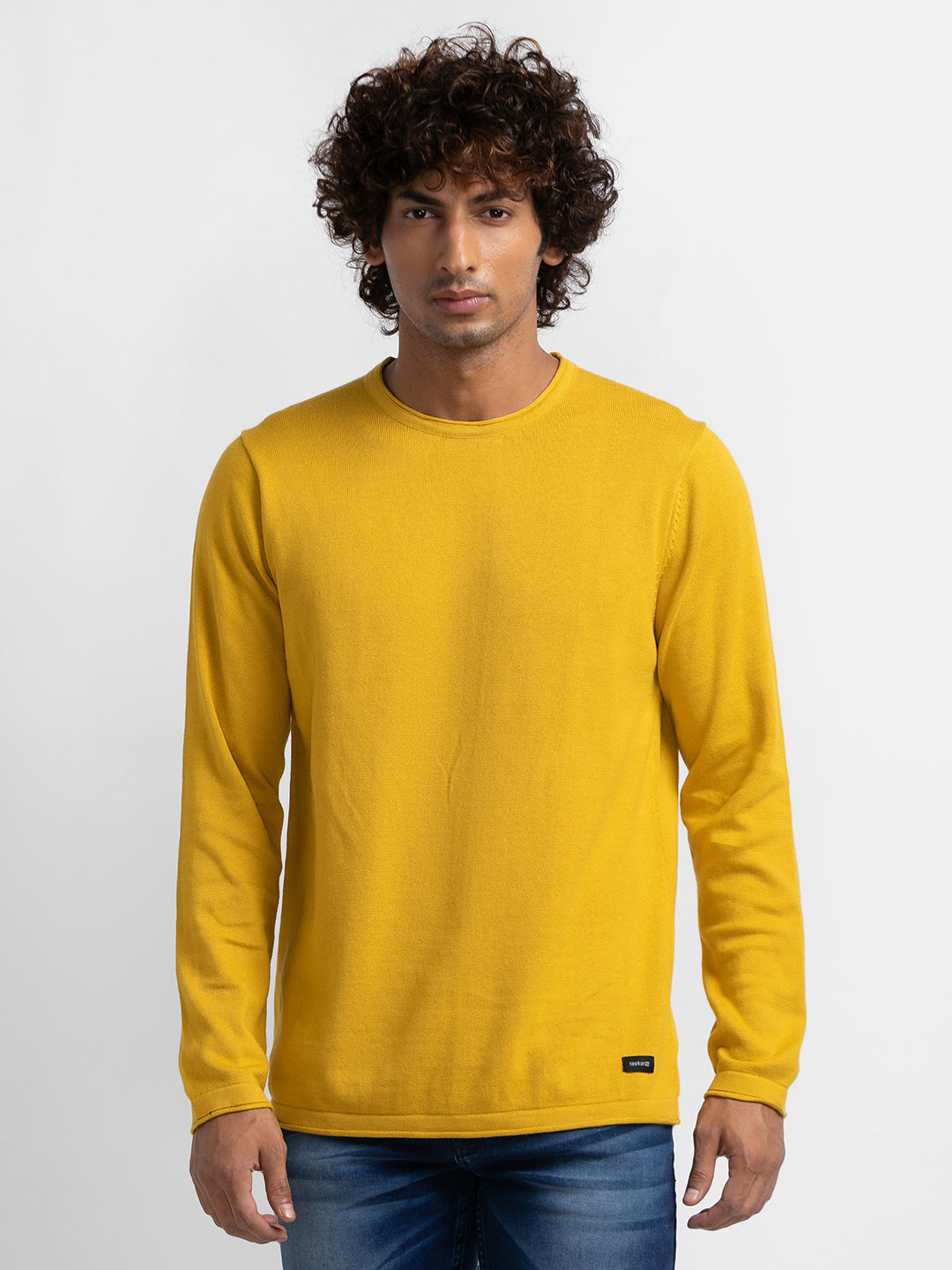 Spykar Sulphur Yellow Cotton Full Sleeve Casual Sweater For Men