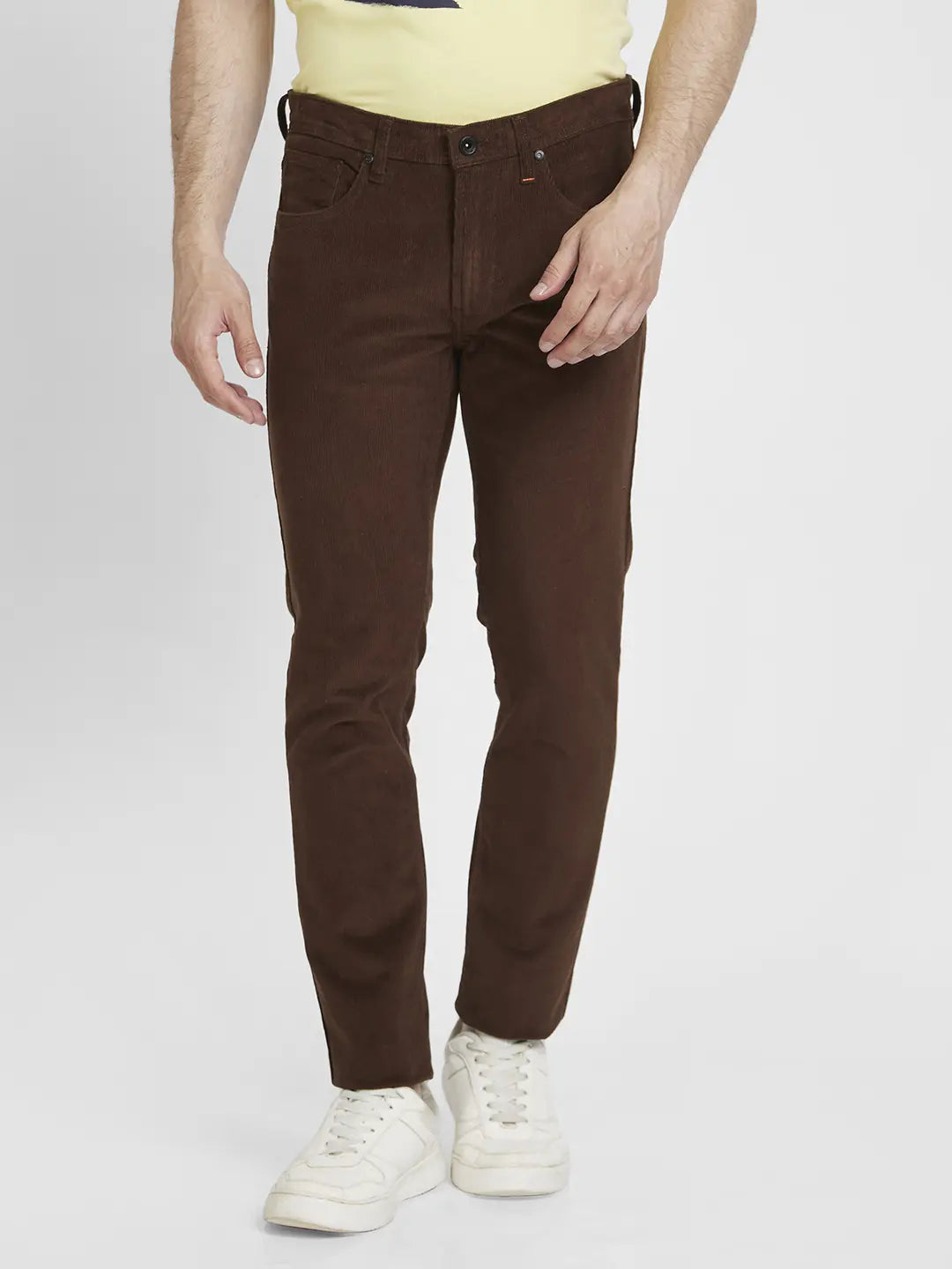 Spykar Men Brown Cotton Slim Fit Mid Rise Trousers