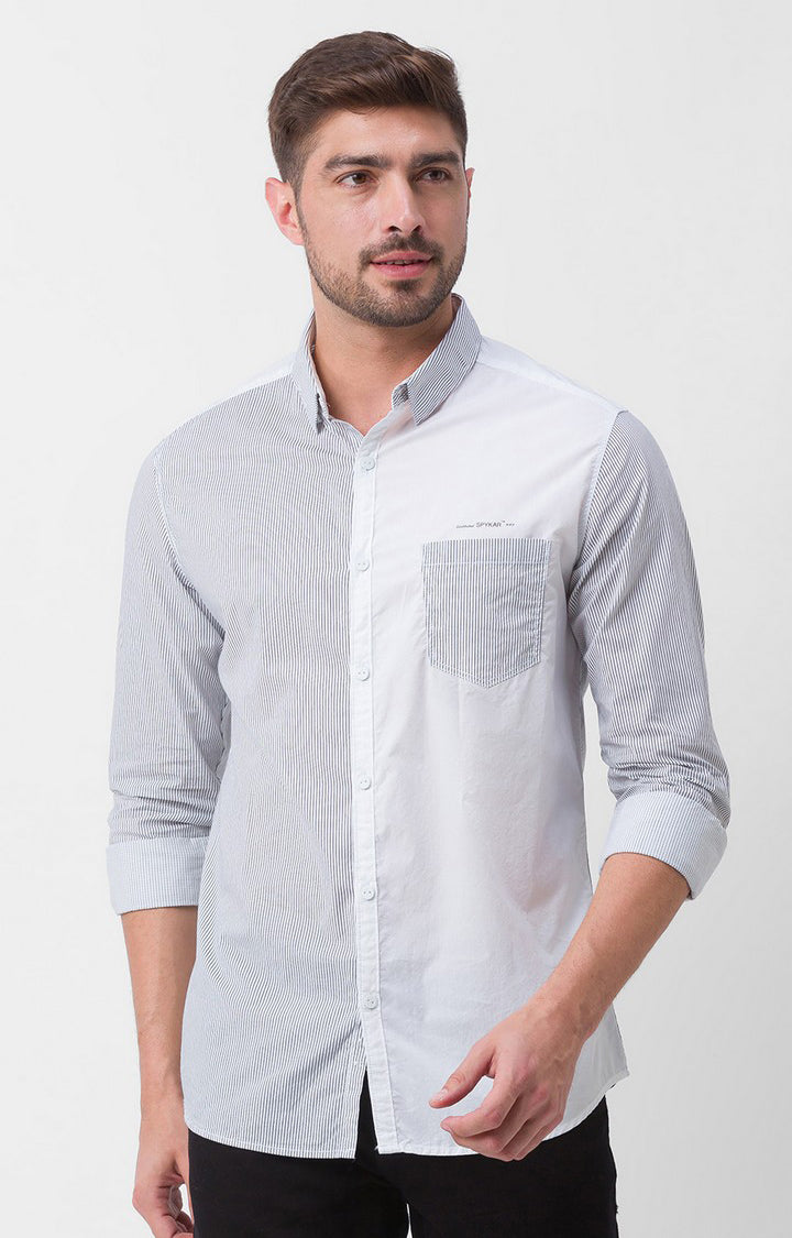 Spykar White Cotton Full Sleeve Stripes Shirt For Men