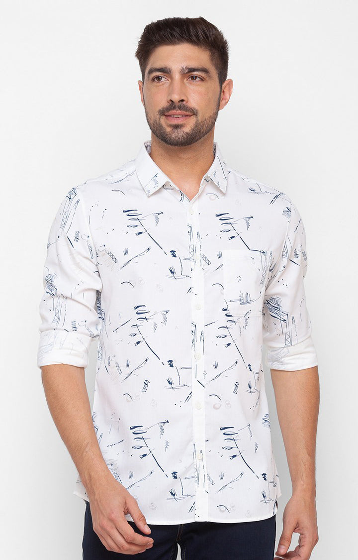 Spykar White Cotton Full Sleeve Printed Shirt For Men