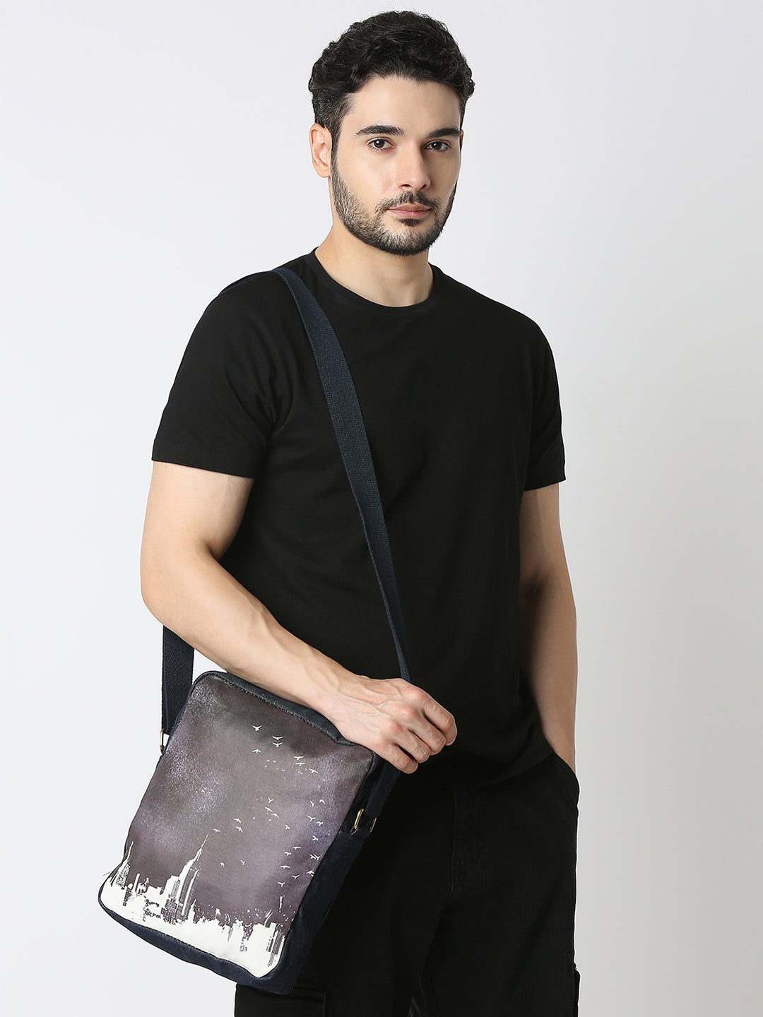 Spykar White Printed Messenger Bag