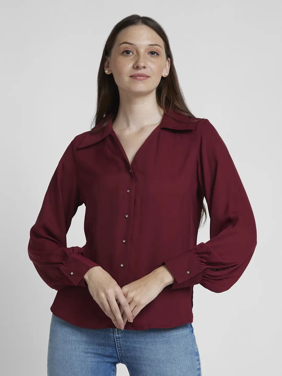 Spykar Women Dark Red Polyester Regular Fit Full Sleeve Plain Shirt