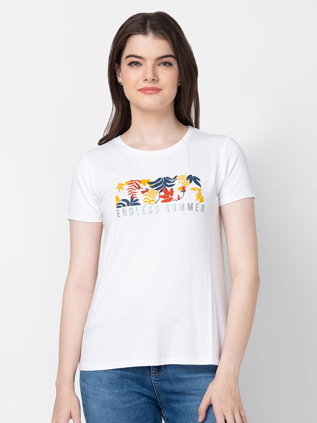 Spykar Women White Cotton Slim Fit Printed T-Shirts