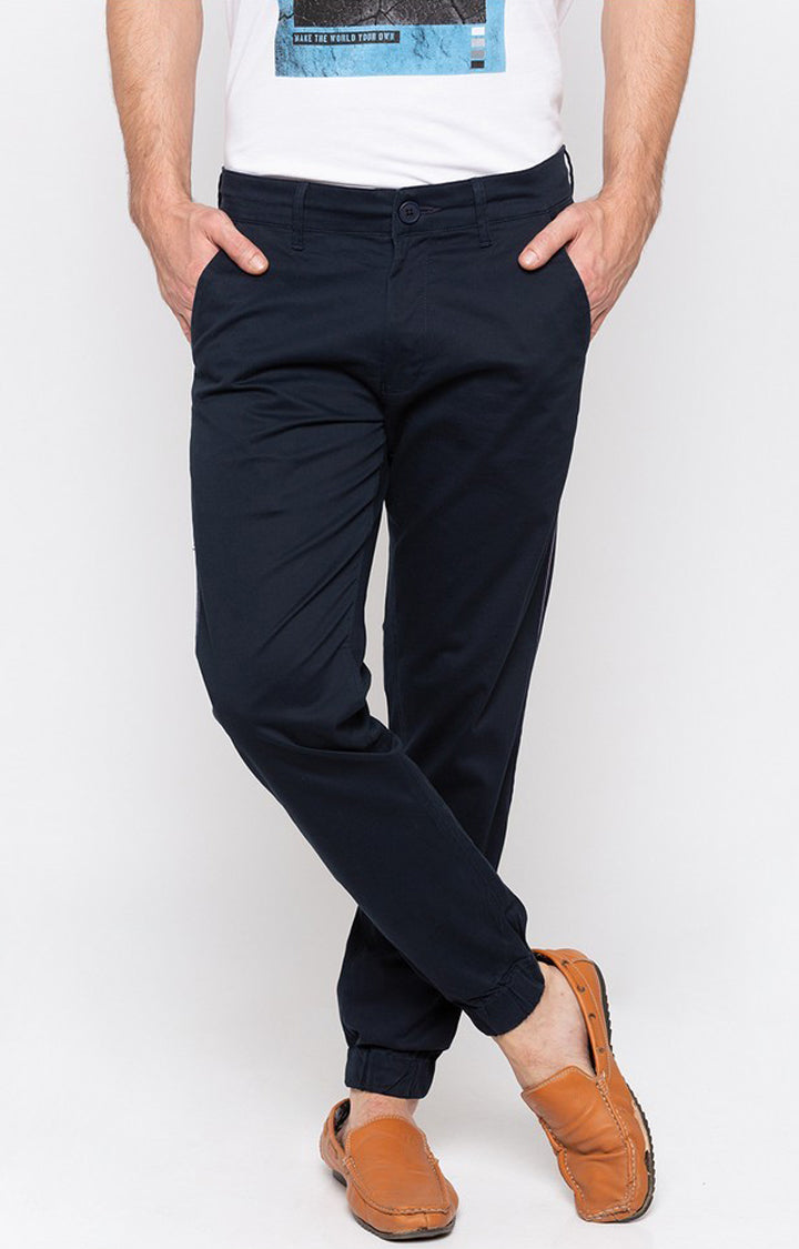 Spykar Men Blue Cotton Slim Fit Casual Trousers