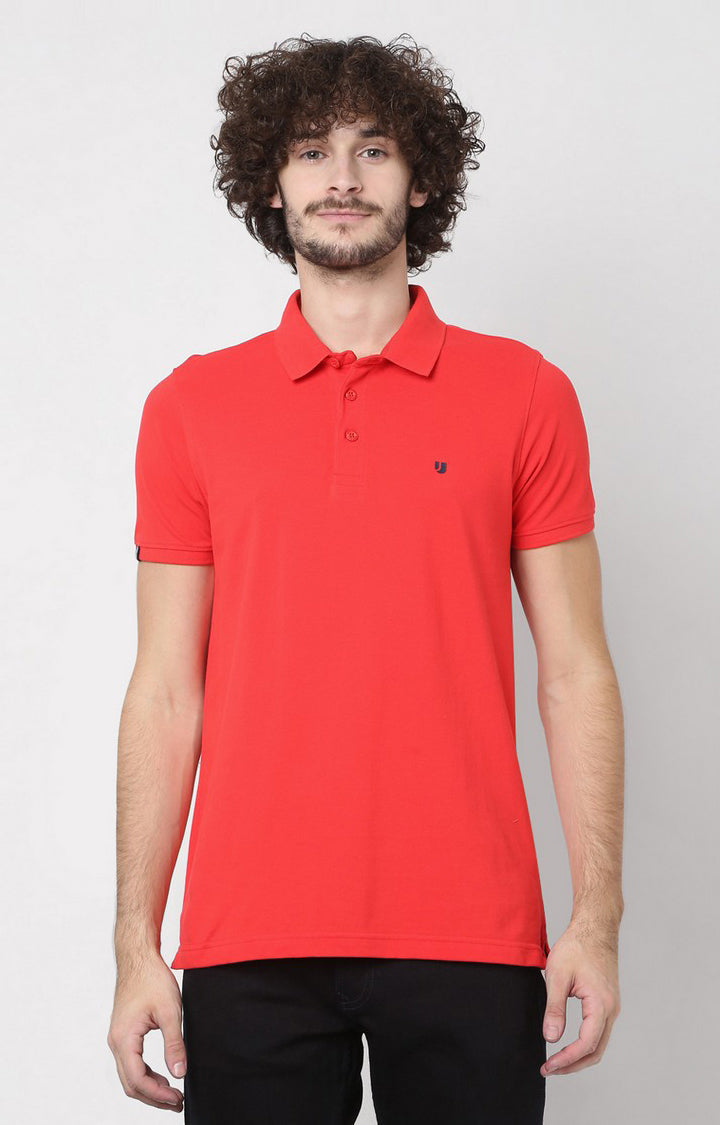 Men Premium Coral Cotton Regular Fit Polo T-Shirt- Underjeans By Spykar