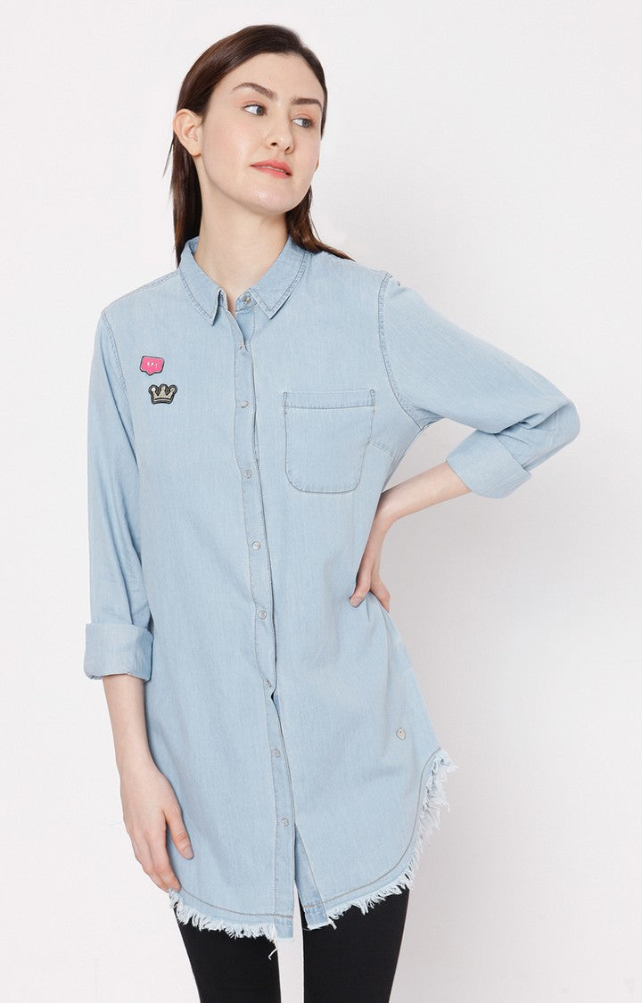 Spykar Women Light Blue Cotton Regular Fit Denim Shirt