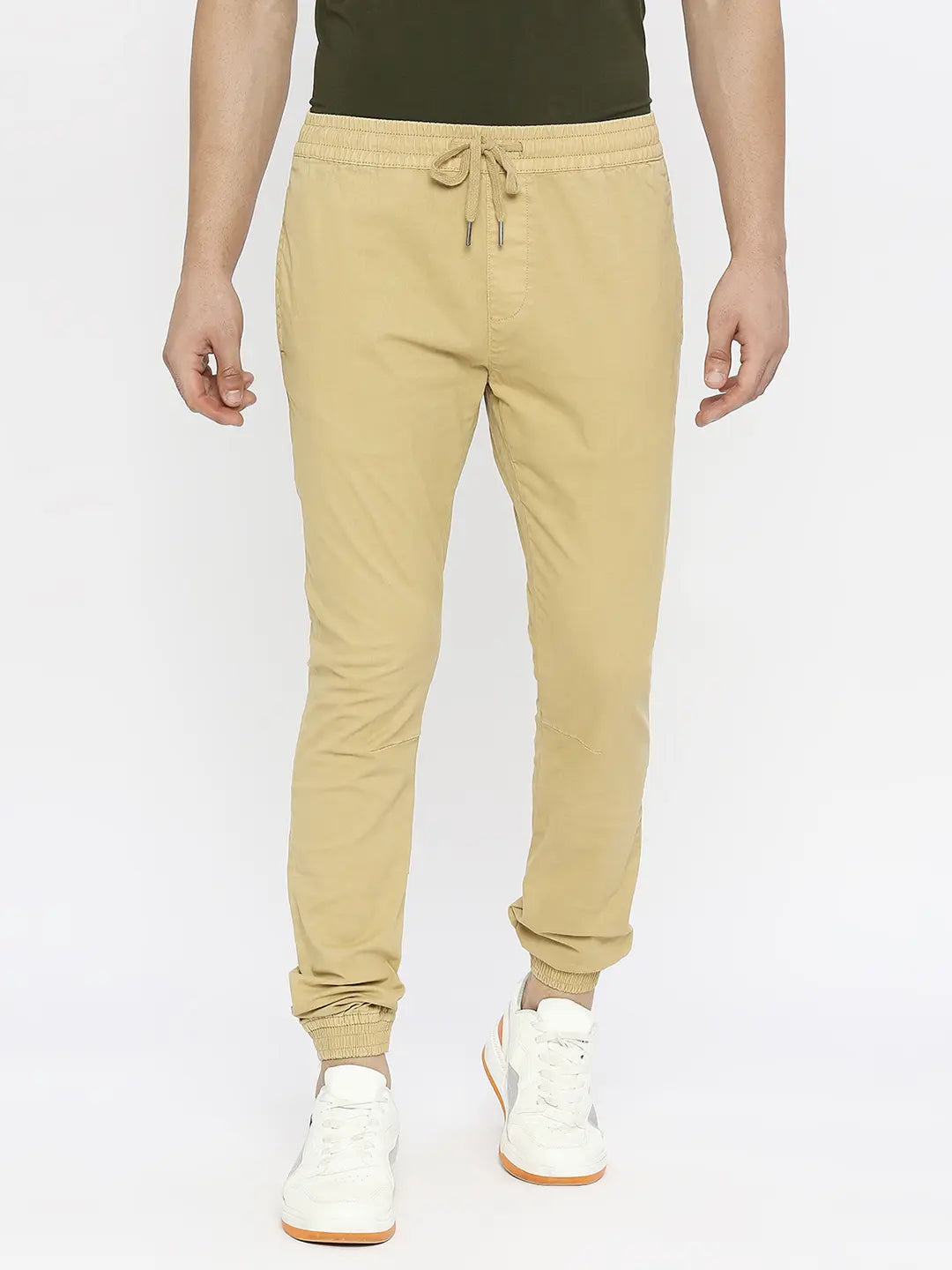 Spykar Men Camel Khaki Lycra Slim Fit Ankle Length Plain Trousers