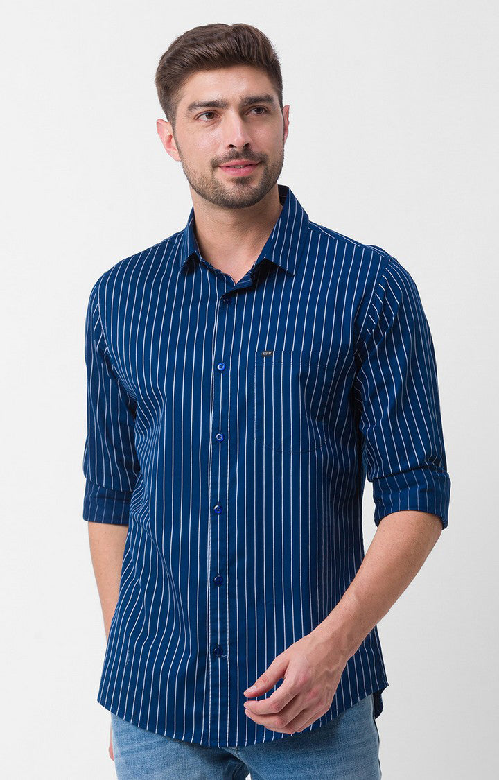 Spykar Ink Blue Cotton Full Sleeve Stripes Shirt For Men