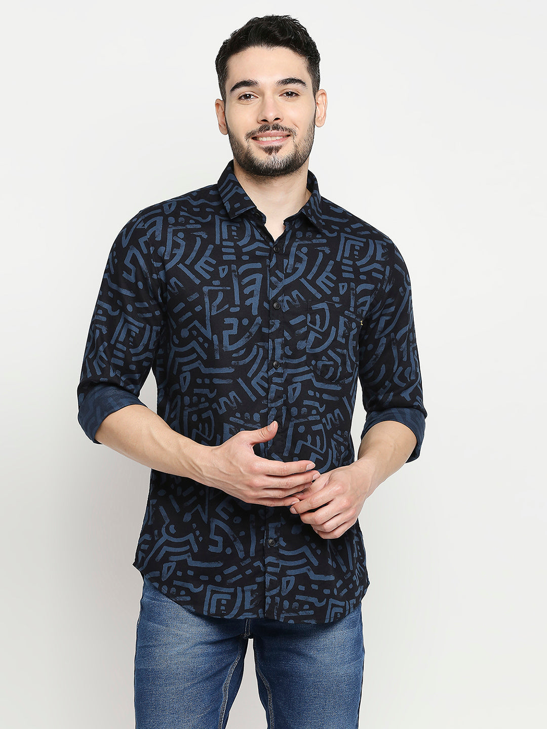 Spykar Navy Blue Cotton Full Sleeve Printed Shirt For Men