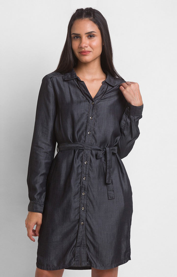 Spykar Women Black Cotton Slim Fit Full Sleeve Denim Dress