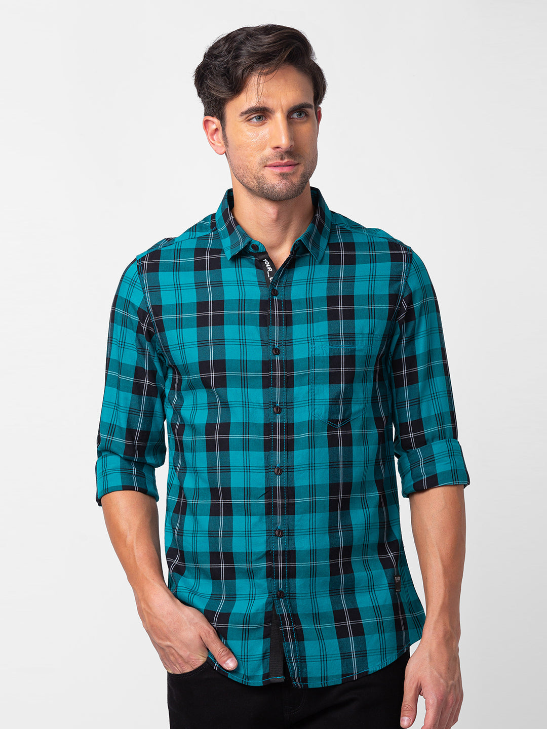 Spykar Men Sporty Green Cotton Slim Fit Checkered Shirt