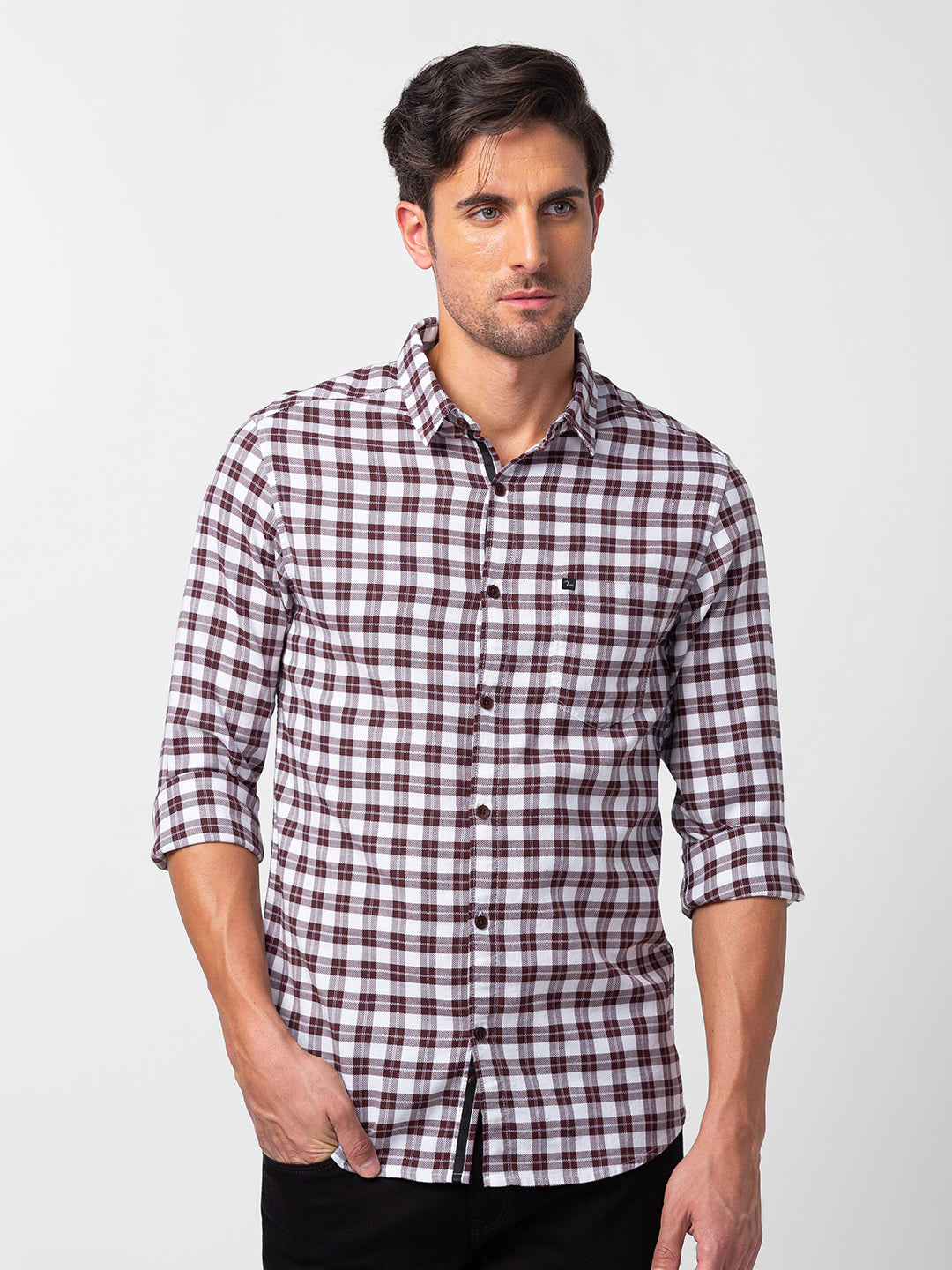 Spykar Men Wine Red Cotton Slim Fit Checkered Shirt