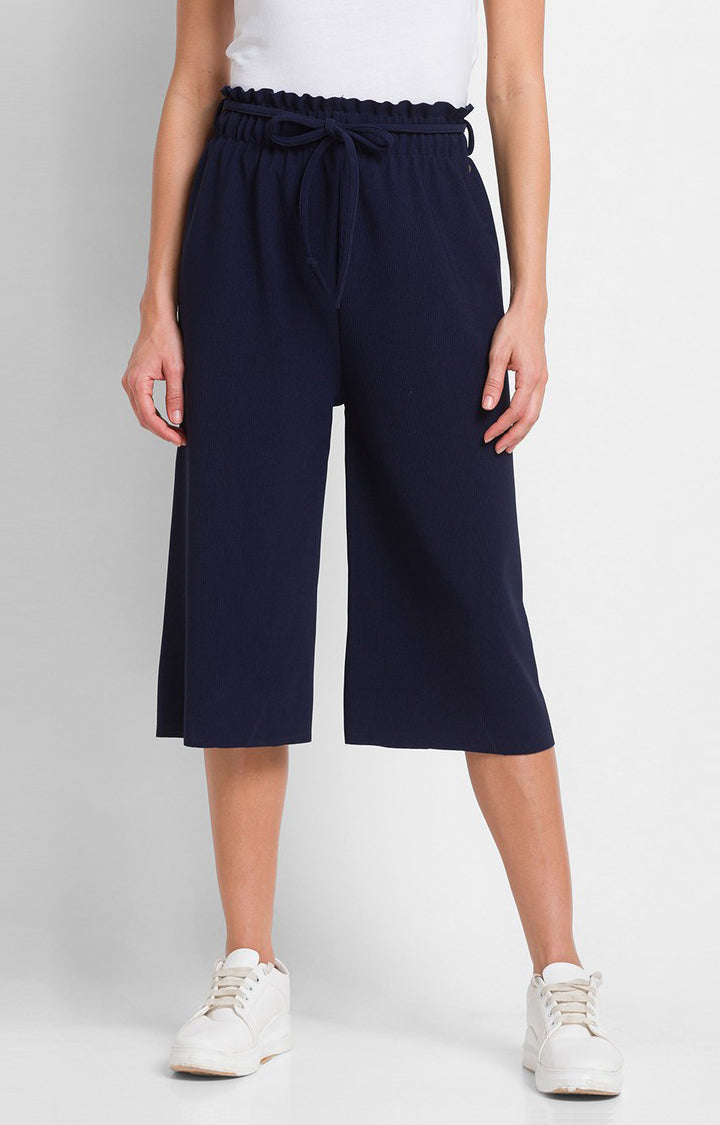 Spykar Navy Blue Cotton Loose Fit 3/4 Culottes For Women