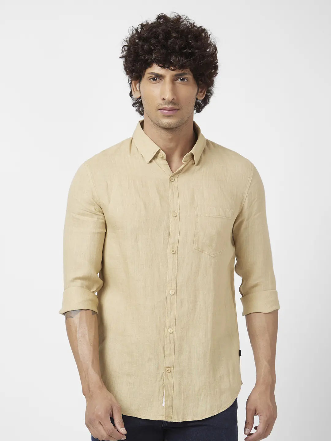 Spykar Men Camel Khaki Linen Regular Slim Fit Full Sleeve Plain Shirt