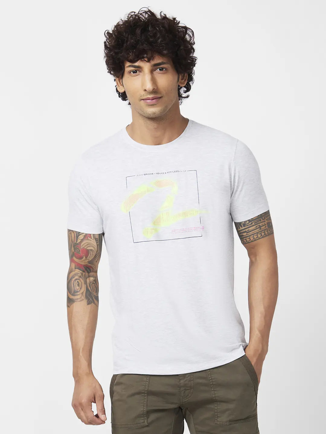 Spykar Men Ash Melange Blended Slim Fit Half Sleeve Round Neck Printed Tshirt