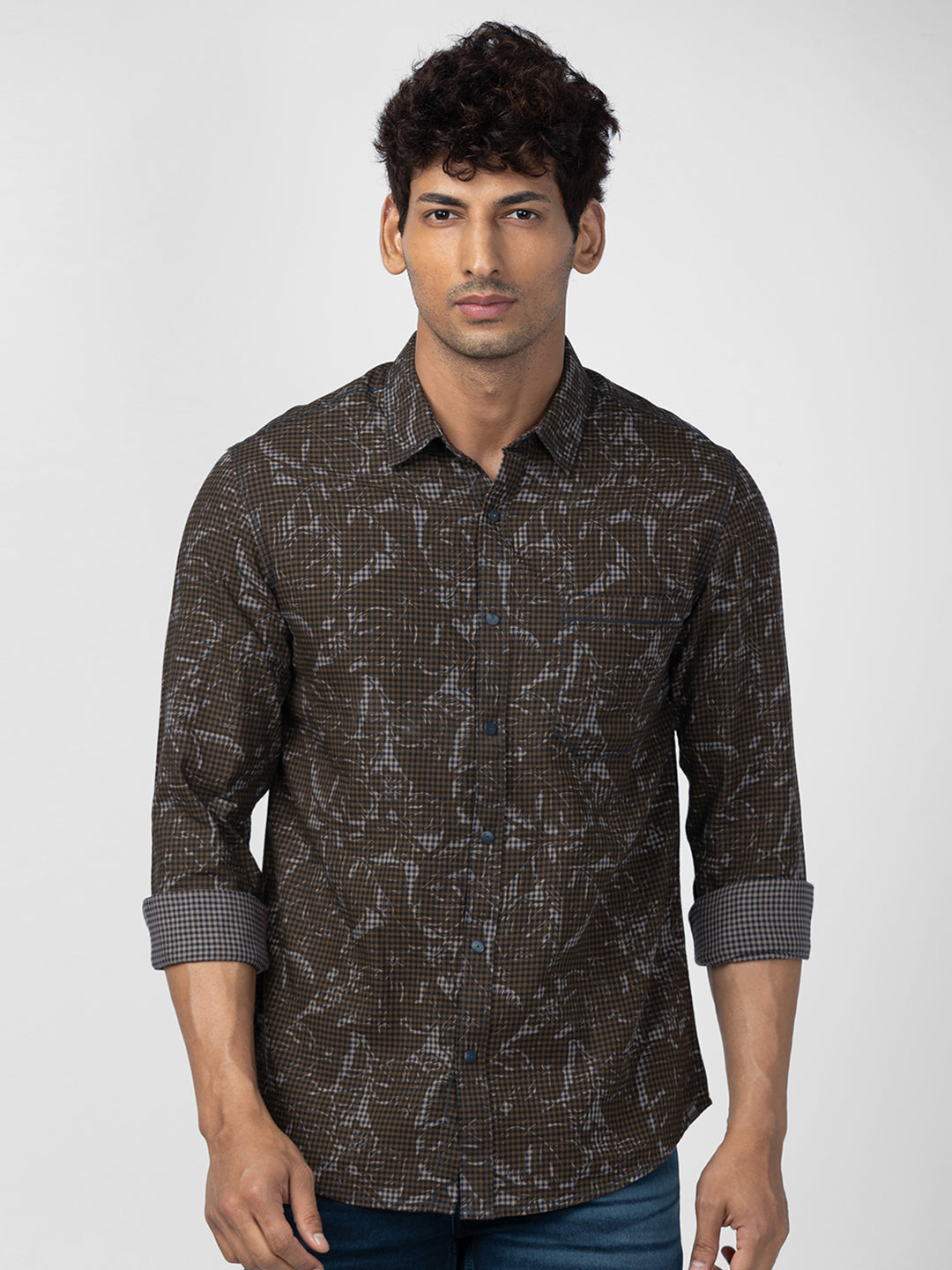 Spykar Men Khaki Cotton Slim Fit Checkered Shirt