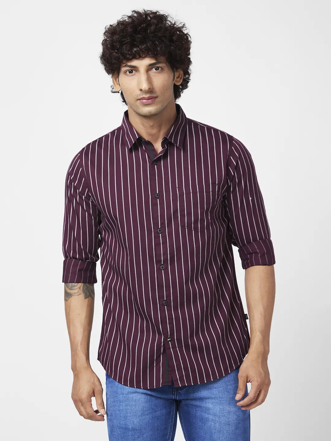 Spykar Men Wine Red Cotton Regular Slim Fit Full Sleeve Casual Striped Shirt