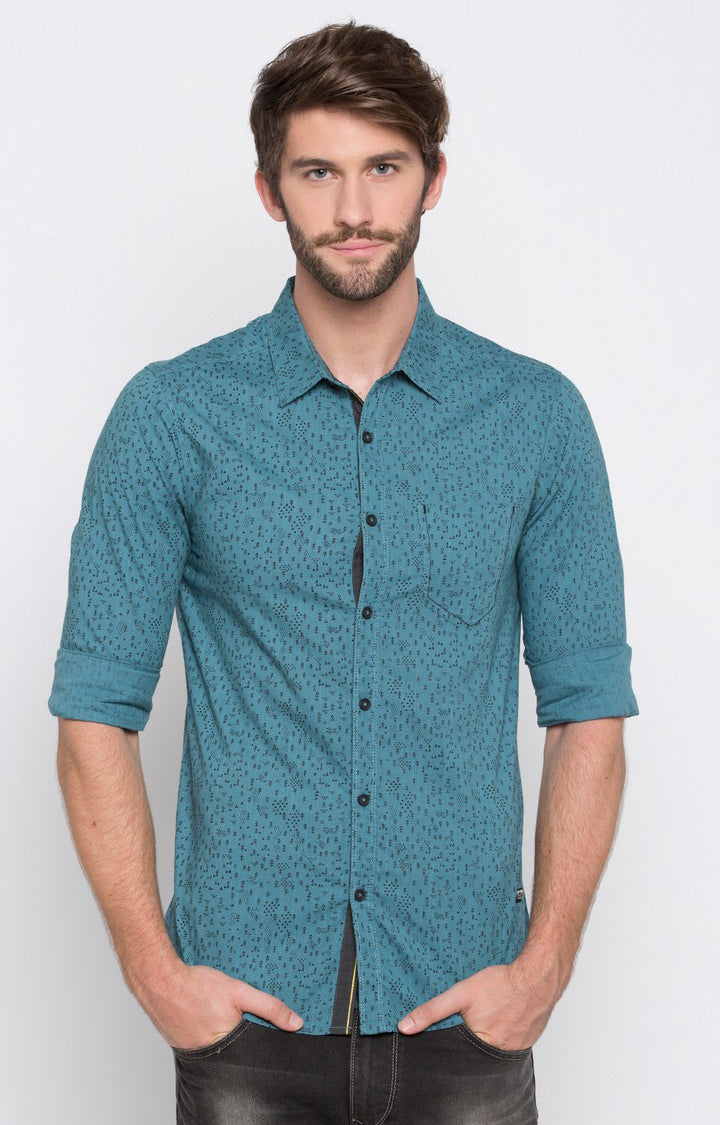 Spykar Men'S Blue Cotton Printed Casual Shirts