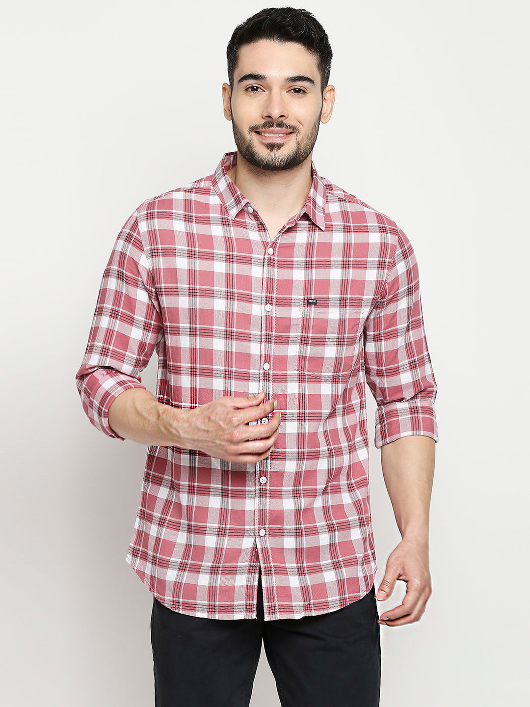 Spykar Mauve Pink Cotton Full Sleeve Checkered Shirt For Men